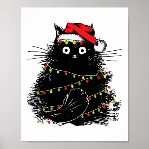 santa black cat tangled up in christmas tree light poster