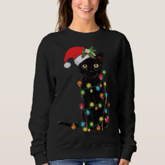 Santa Black Cat Tangled Up In Christmas Tree Light Sweatshirt