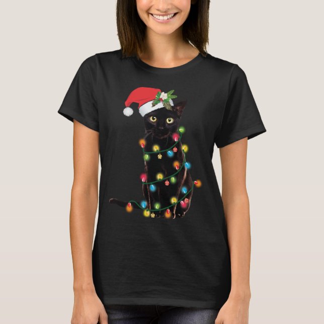 Santa Black Cat Tangled Up In Christmas Tree Light T-Shirt (Front)