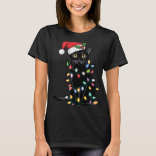 Santa Black Cat Tangled Up In Christmas Tree Light T-Shirt