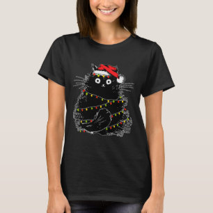 Santa Black Cat Tangled Up In Christmas Tree Light T-Shirt