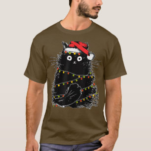 Santa Black Cat Tangled Up In Christmas Tree Light T-Shirt