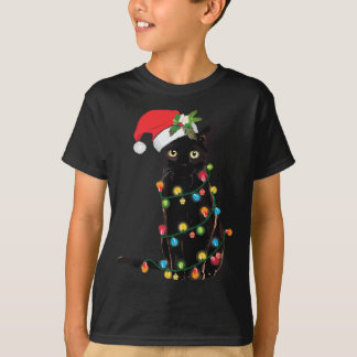 Santa Black Cat Tangled Up In Christmas Tree Light T-Shirt