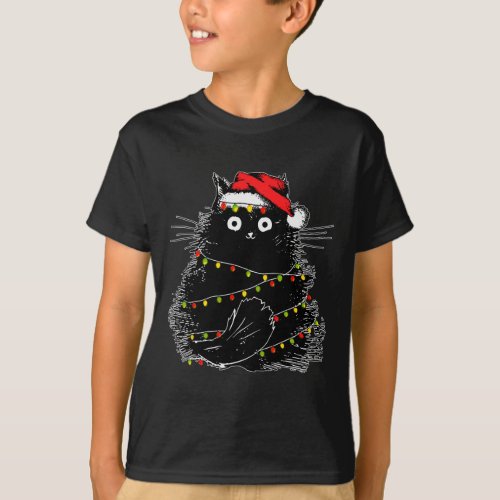 Santa Black Cat Tangled Up In Christmas Tree Light T_Shirt