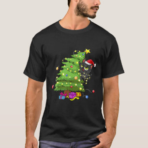 Santa Black Cat Tangled Up In Christmas Tree Light T-Shirt