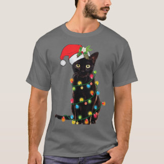Santa Black Cat Tangled Up In Christmas Tree Light T-Shirt