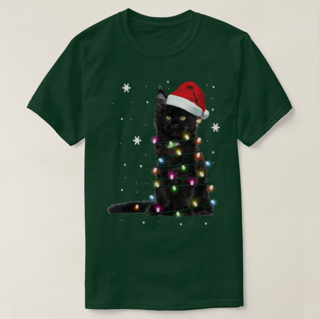 Santa Black Cat Tangled Up In Christmas Tree Light T-Shirt (Design Front)