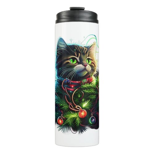 Santa Black Cat Tangled Up In Christmas Tree Light Thermal Tumbler