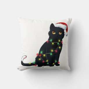 Santa Black Cat Tangled Up In Christmas Tree Light Throw Pillow