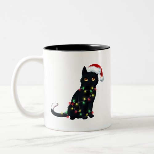 Santa Black Cat Tangled Up In Christmas Tree Light Two_Tone Coffee Mug