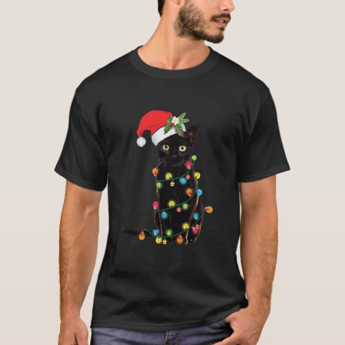 Santa Black Cat Tangled Up In Christmas Tree T_Shirt