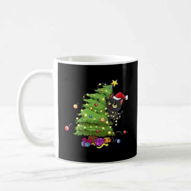 Santa Black Cat Tangled Up In Tree Lights Coffee Mug (Left)