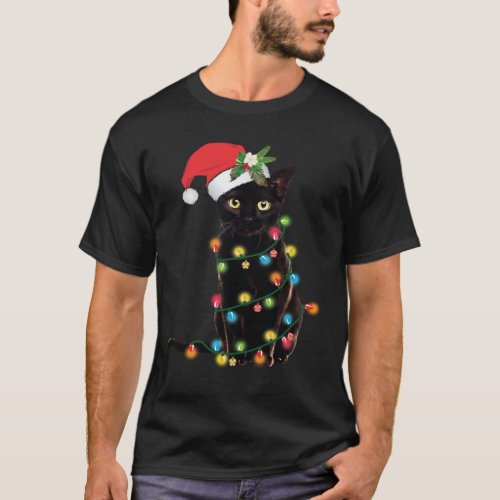 Santa Black Cat Wrapped Up In Christmas Lights T_Shirt