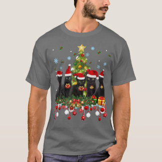Santa Black Cats Christmas Tree Lights Funny Cat L T-Shirt