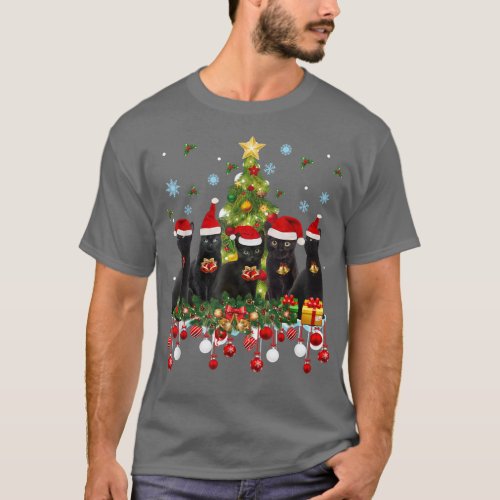 Santa Black Cats Christmas Tree Lights Funny Cat L T_Shirt