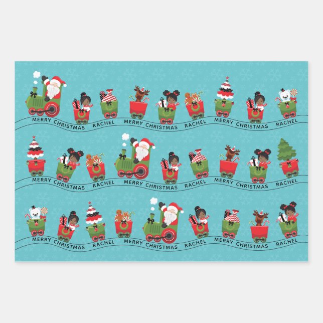 Santa & Black Girl on Train Wrapping Paper Sheets (Front)