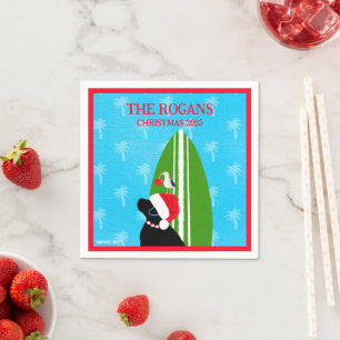 Santa Black Lab Surfboard Dog Seagull Christmas Napkins