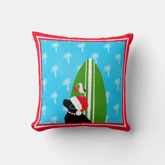 Santa Black Lab Surfboard Dog Seagull Christmas Throw Pillow (Front)