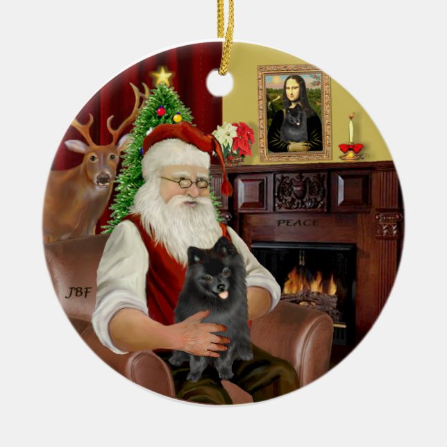 Santa-Black Pomeranian Ceramic Ornament (Front)