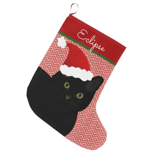 Santa Black Short Hair Cat Green Eyes Personalized Large Christmas Stocking