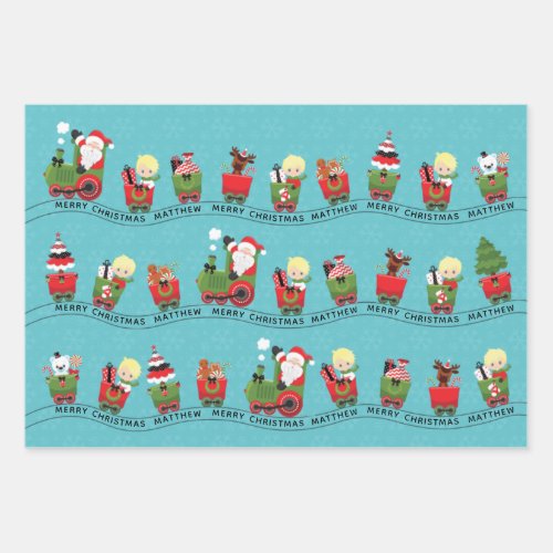 Santa  Blonde Boy on Train Wrapping Paper Sheets