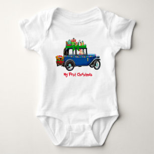 Santa Blue Car 1st Christmas Baby Bodysuit
