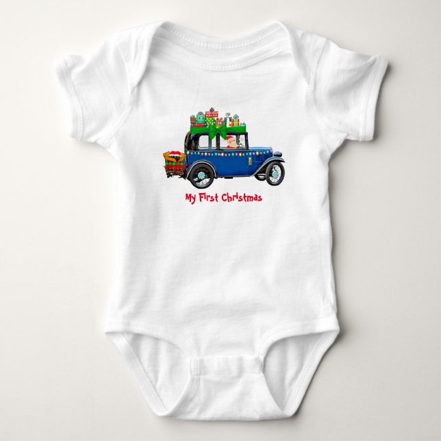 Santa Blue Car 1st Christmas Baby Bodysuit (Front)
