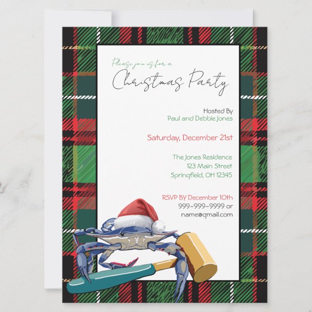 Santa Blue Crab with Mallet Christmas Party Custom Invitation (Front)