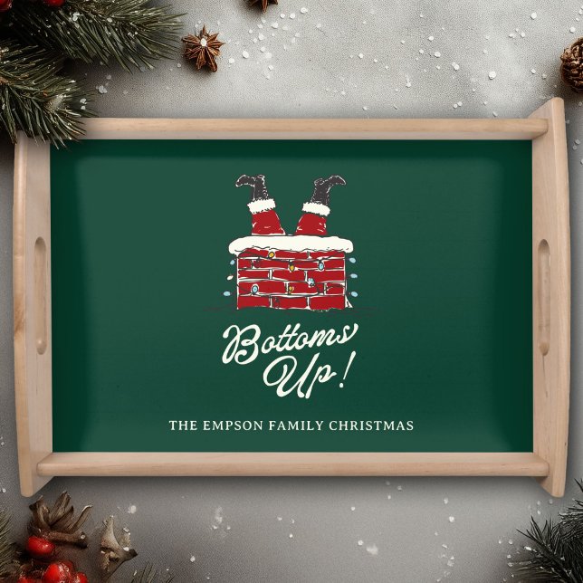 Santa Bottoms Up Fun Holiday Bar and Serving Decor Serving Tray (Wooden tray with a green background, Santa in a chimney, string lights, and “Bottoms Up!”)
