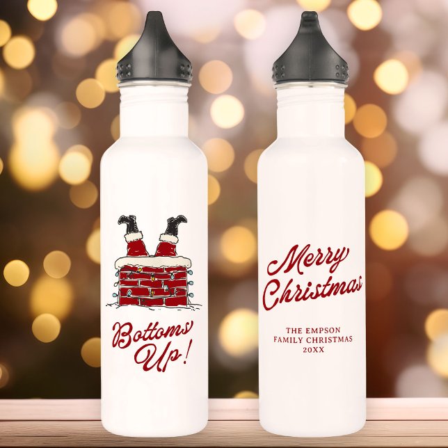 Santa Bottoms Up Funny Christmas Holiday Stainless Steel Water Bottle (White water bottle with Santa legs in a chimney, holiday light string, and “Bottoms Up!” in bold red)