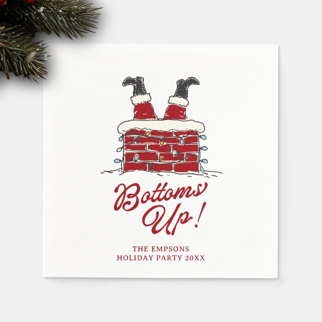 Santa Bottoms Up Funny Holiday Cocktail Accent Napkins (Square cocktail napkin with Santa upside-down in a chimney, fun “Bottoms Up!” red lettering)
