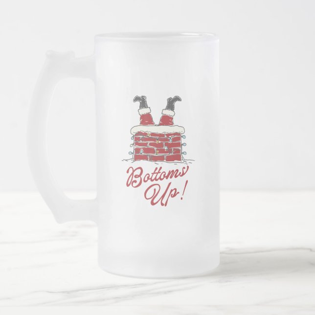 Santa “Bottoms Up” Funny Holiday Party Gift Frosted Glass Beer Mug (Left)