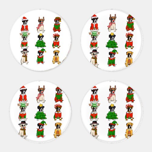 Santa Boxer Christmas Tree Lights Reindeer Dog Coaster Set