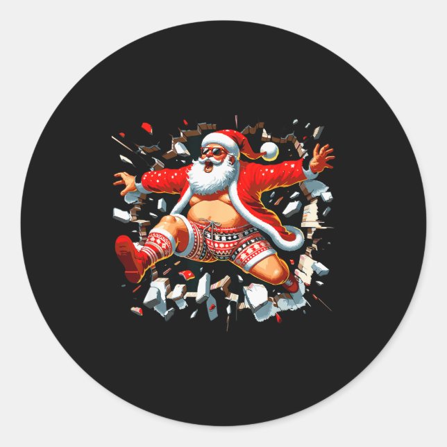 Santa Breaking Through Wall Xmas In July Boys Ugly Classic Round Sticker (Front)