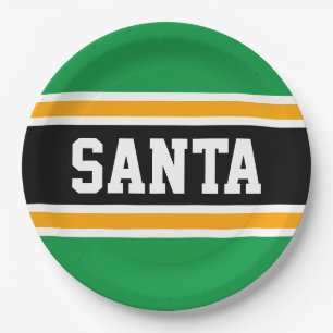 SANTA Bright Green Black Orange Festive Stripes Paper Plates