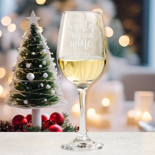 Santa Bring Wine Add Name Etched Gift Glass