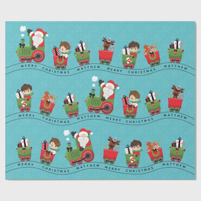 Santa & Brunette Boy on Train Wrapping Paper (Flat)