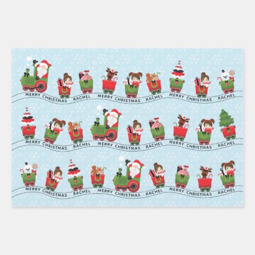 Santa  Brunette Girl on Train Wrapping Paper Sheets