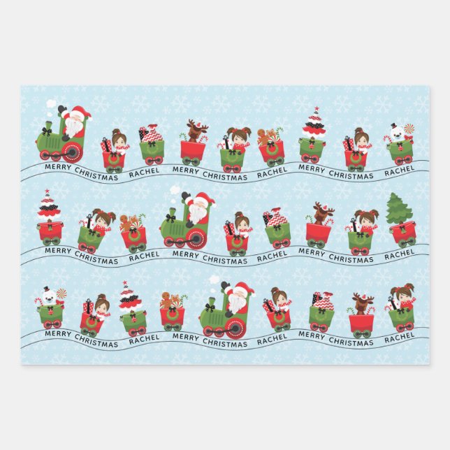 Santa & Brunette Girl on Train Wrapping Paper Sheets (Front 3)