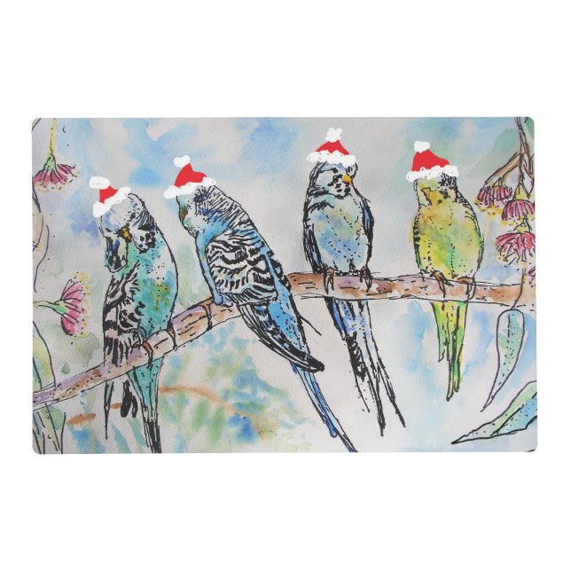 Santa Budgie Budgies Floral Pattern Tissue Paper Placemat (Front)