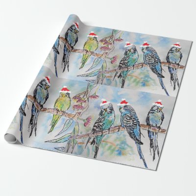Santa Budgie Budgies Floral Pattern Wrapping Paper