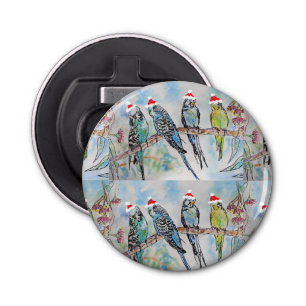 Santa Budgie Christmas Watercolor Painting Bird Bottle Opener