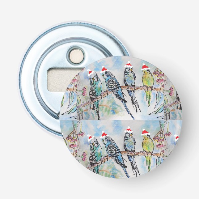 Santa Budgie Christmas Watercolor Painting Bird Bottle Opener (Front)