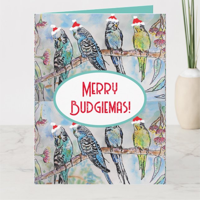 Santa Budgie Christmas Watercolor Painting Bird Card (Front)