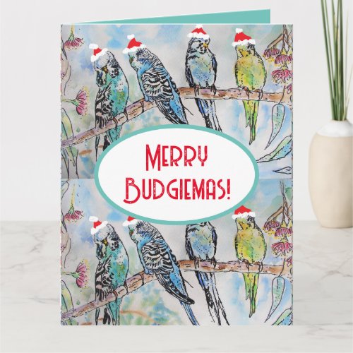 Santa Budgie Christmas Watercolor Painting Bird Card