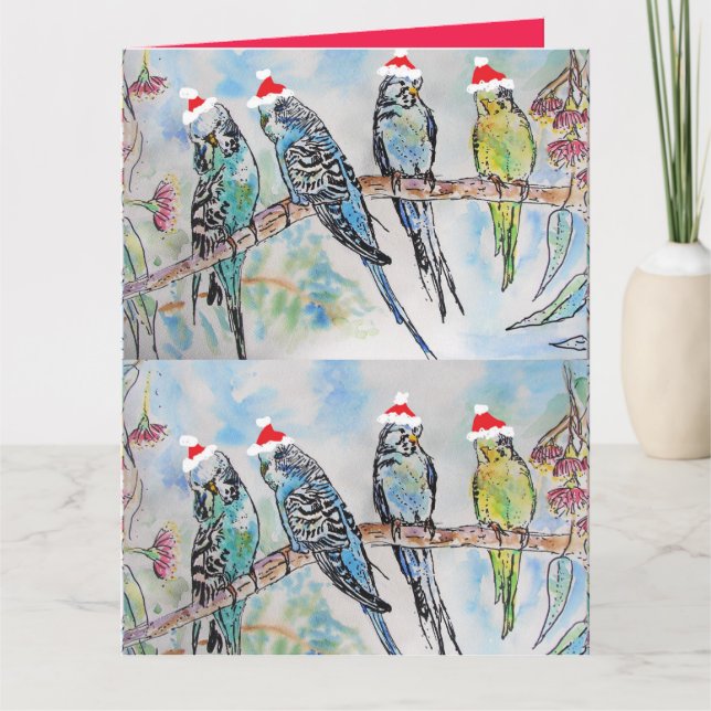 Santa Budgie Christmas Watercolor Painting Bird Card (Front)