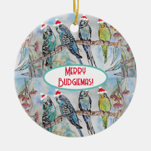 Santa Budgie Christmas Watercolor Painting Bird Ceramic Ornament