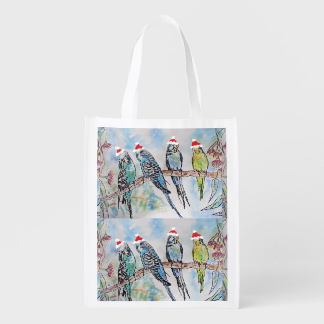 Santa Budgie Christmas Watercolor Painting Bird Grocery Bag (Front)