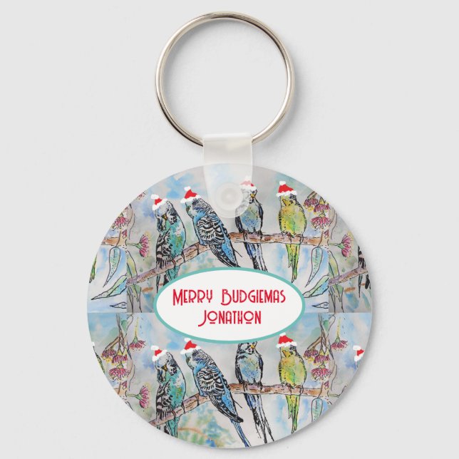 Santa Budgie Christmas Watercolor Painting Bird Keychain (Front)
