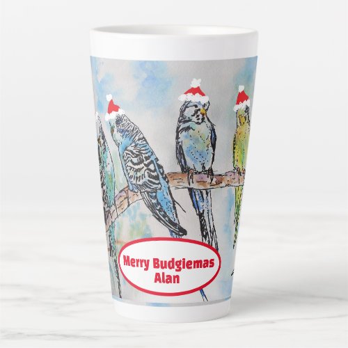 Santa Budgie Christmas Watercolor Painting Bird Latte Mug